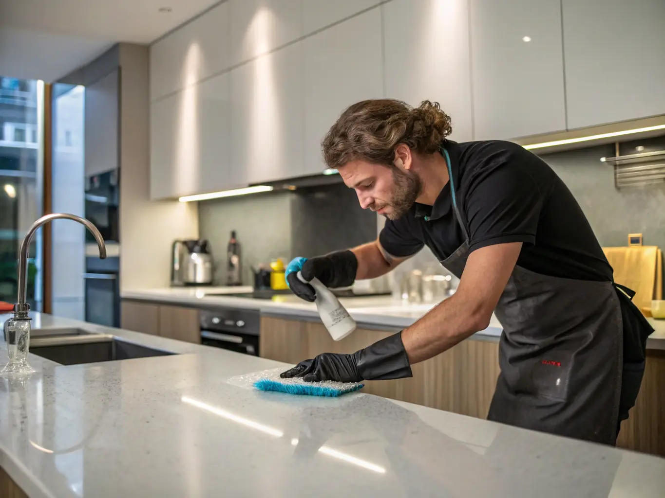 A professional cleaner using equipment to scrub and sanitize a kitchen countertop, highlighting meticulous cleaning.
