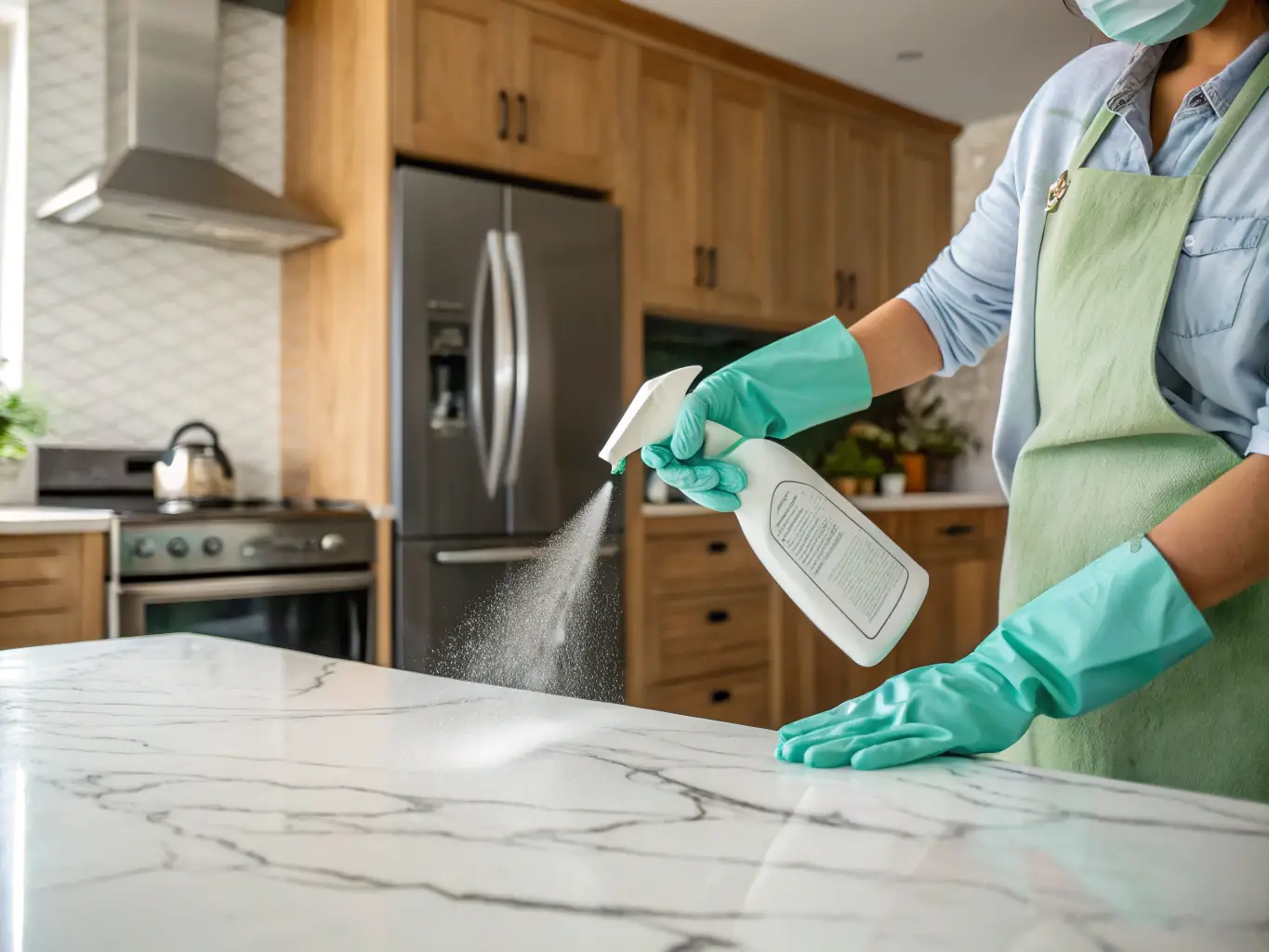 A cleaning professional disinfecting a kitchen counter with EPA-approved disinfectant spray.