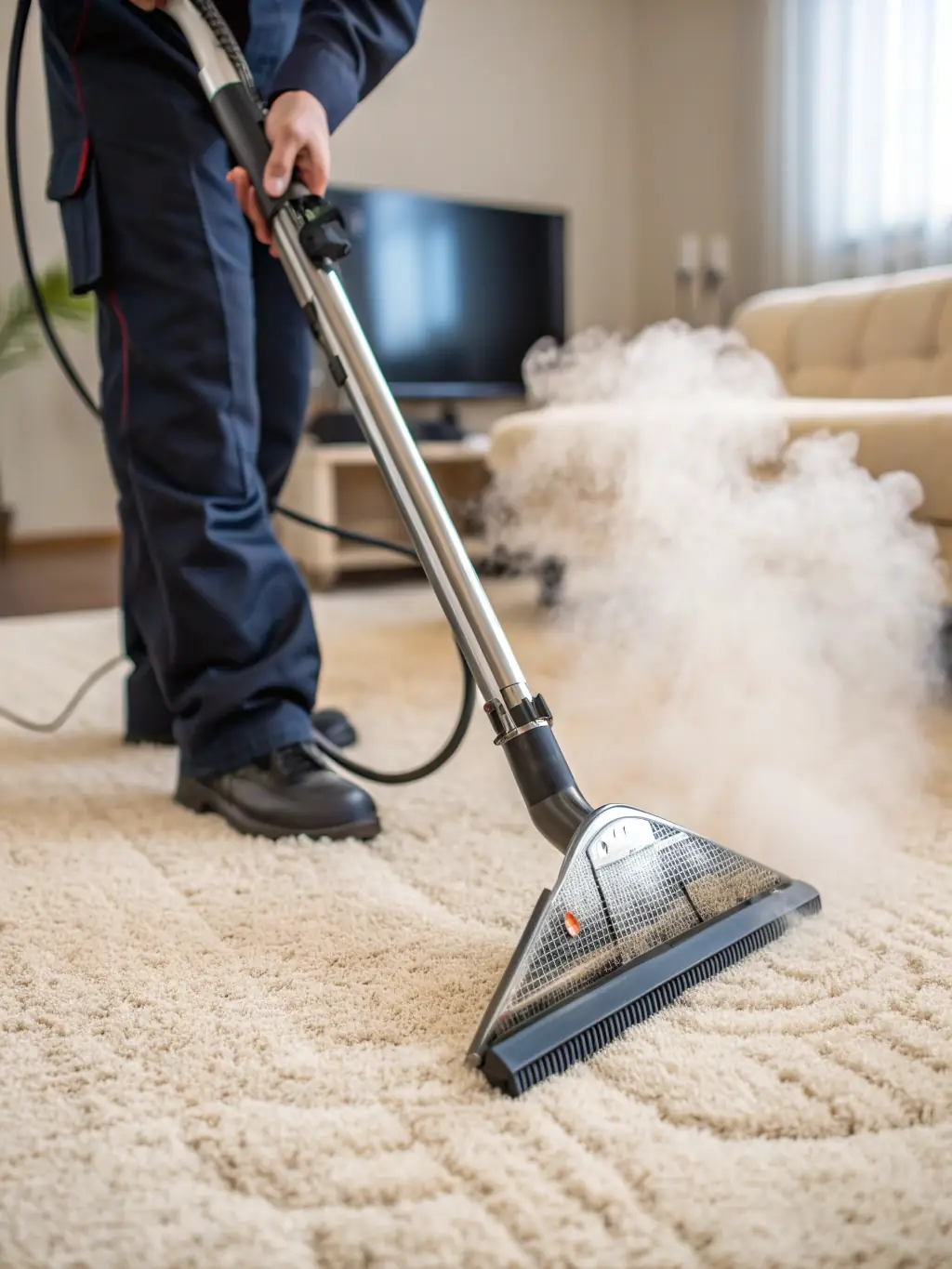 A vibrant image displaying steam cleaning in action on a carpet, with visible steam and a clean, refreshed carpet area, for H & L Cleaning's website.