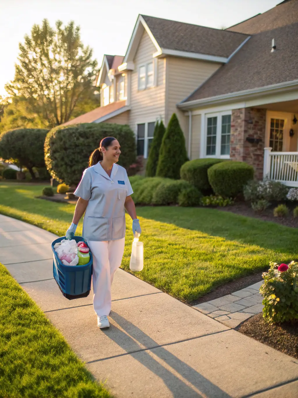 A friendly H & L Cleaning team member arriving at a client's home, smiling and carrying cleaning supplies, symbolizing reliability and customer service.