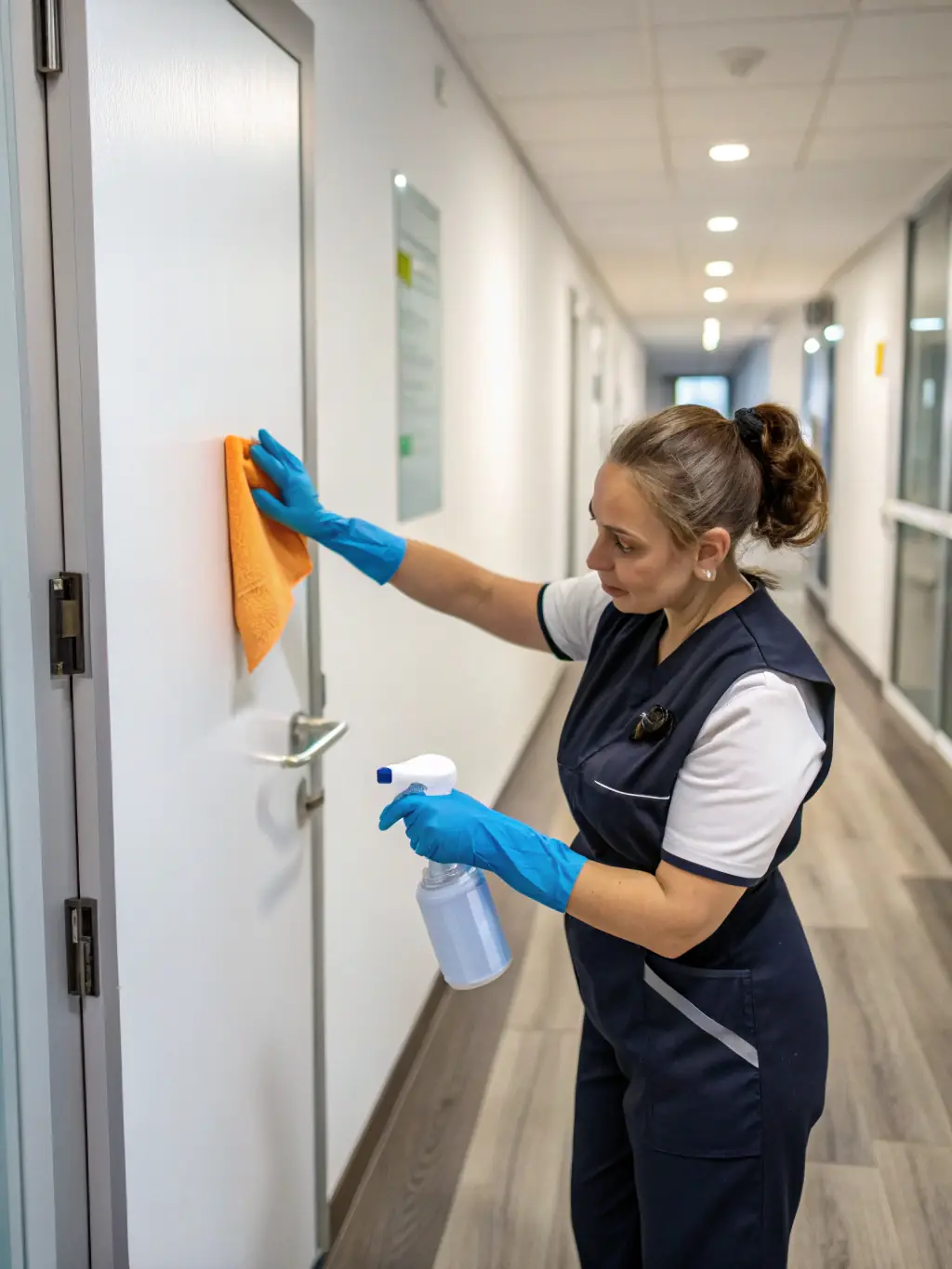 An image depicting the sanitizing of a frequently touched surface, such as a doorknob or countertop, with a focus on hygiene and cleanliness, for H & L Cleaning's website.