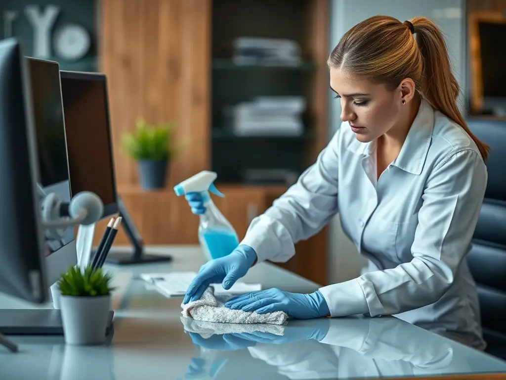 A brightly lit, modern office space being cleaned by a professional cleaner, focusing on dusting desks and sanitizing surfaces.