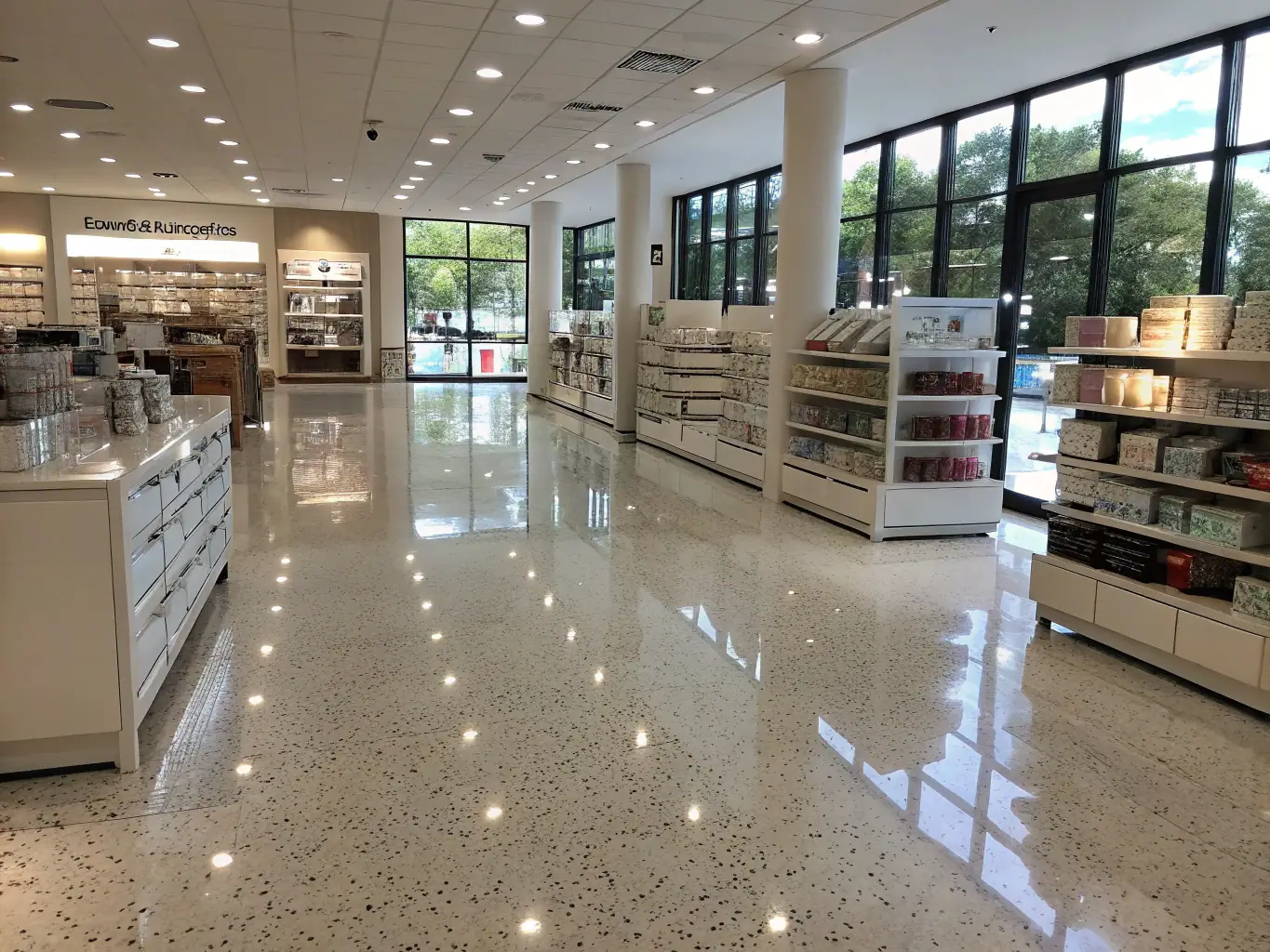 A clean and organized retail store with gleaming floors and spotless shelves, showcasing a welcoming shopping environment.