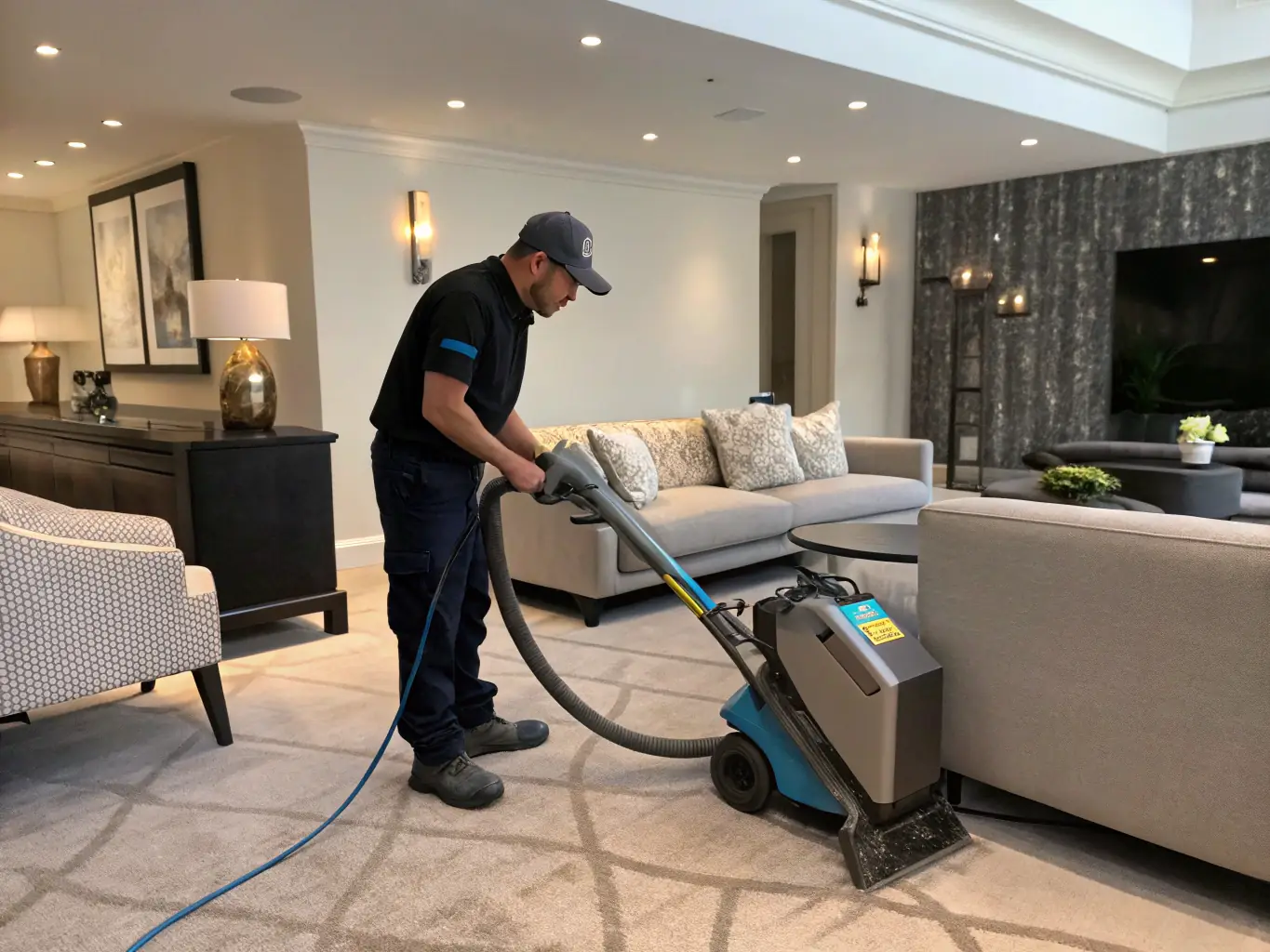 A technician steam cleaning a plush carpet with a professional steam cleaner, showcasing the equipment in action.