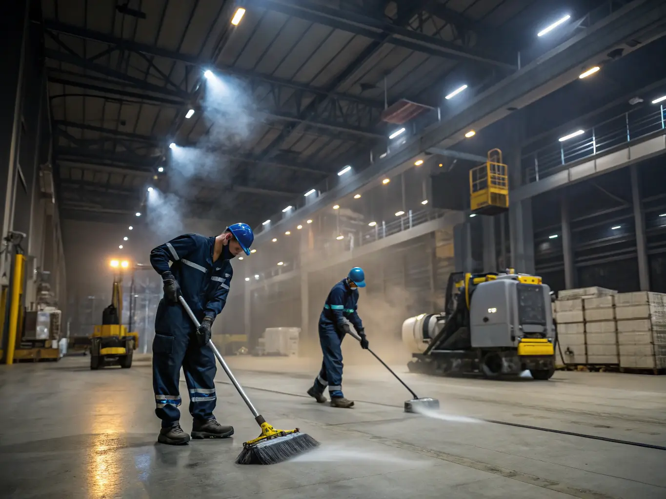 A spacious industrial warehouse being thoroughly cleaned, with a focus on floor scrubbing and equipment sanitization.